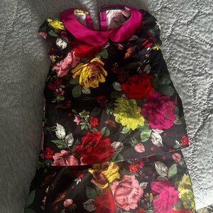 Baker by Ted Baker Black Dress with Vibrant Floral and Pink Collar